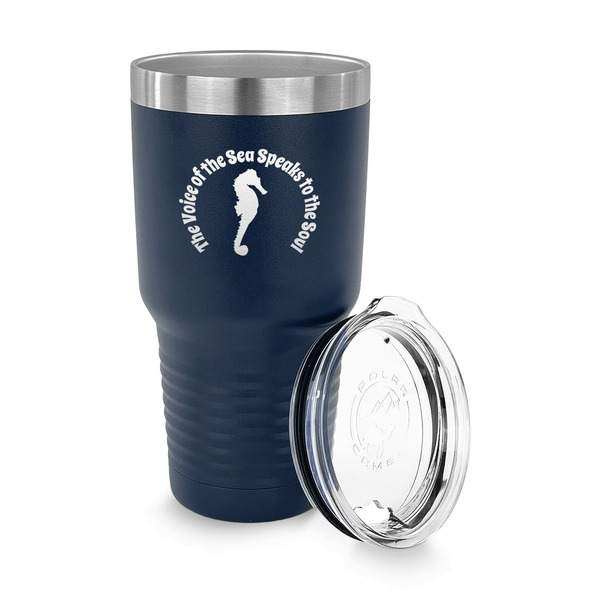 Sea Horses 30 oz Stainless Steel Ringneck Tumblers - Navy - LID OFF
