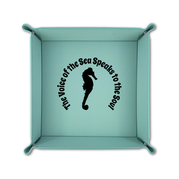 Sea Horses 6" x 6" Teal Leatherette Snap Up Tray - FOLDED UP