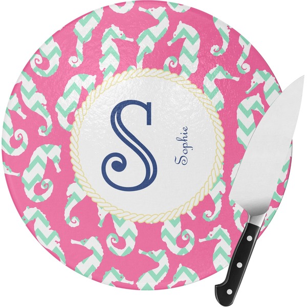 Custom Sea Horses Round Glass Cutting Board - Small (Personalized)