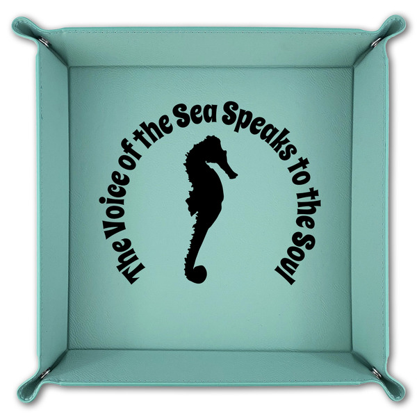 Sea Horses 9" x 9" Teal Leatherette Snap Up Tray - FOLDED