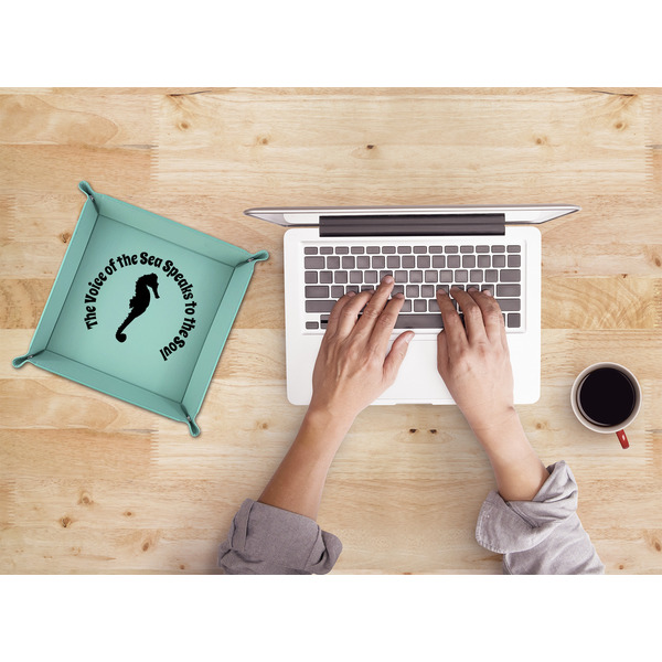 Sea Horses 9" x 9" Teal Leatherette Snap Up Tray - LIFESTYLE