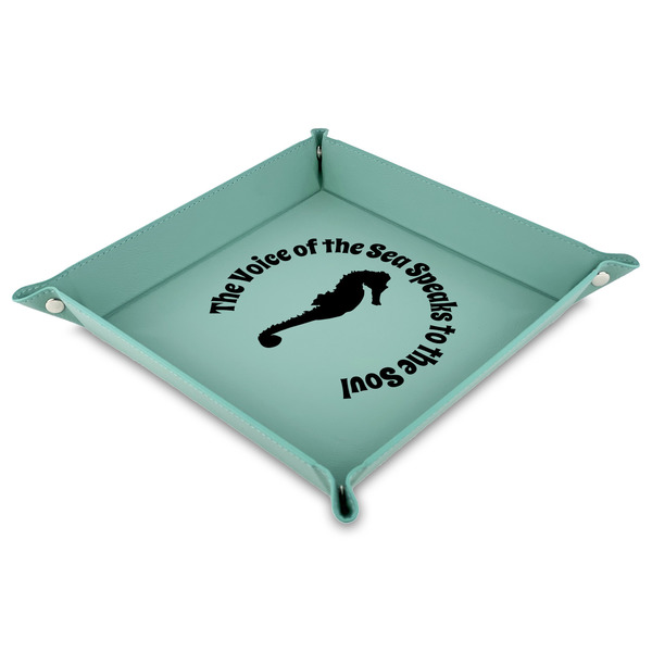 Custom Sea Horses 9" x 9" Teal Faux Leather Valet Tray (Personalized)