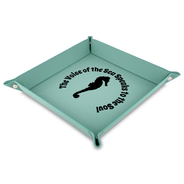Custom Sea Horses Faux Leather Dice Tray - 9" x 9"  - Teal (Personalized)
