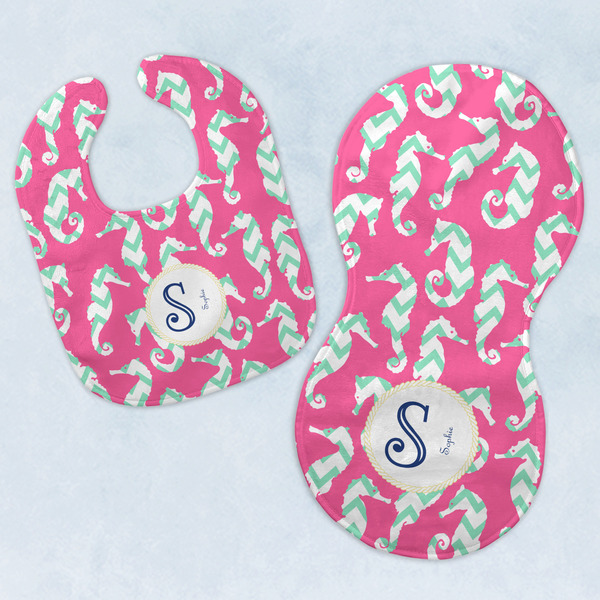 Custom Sea Horses Baby Bib & Burp Set w/ Name and Initial