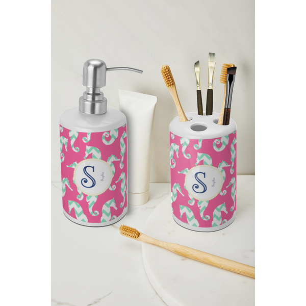 Sea Horses Ceramic Bathroom Accessories - LIFESTYLE (toothbrush holder & soap dispenser)