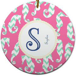 Sea Horses Round Ceramic Ornament w/ Name and Initial
