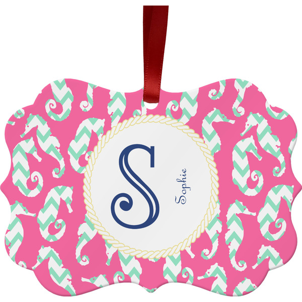Custom Sea Horses Metal Frame Ornament - Double Sided w/ Name and Initial