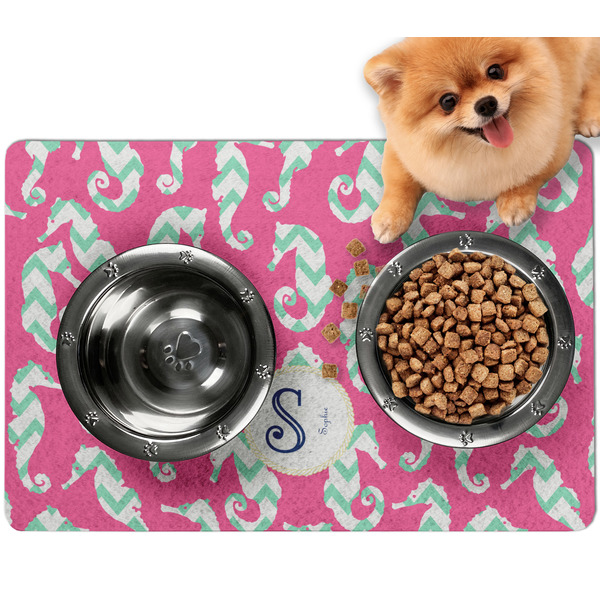 Custom Sea Horses Dog Food Mat - Small w/ Name and Initial