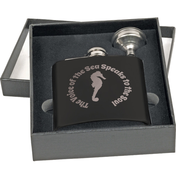 Sea Horses Engraved Black Flask Gift Set