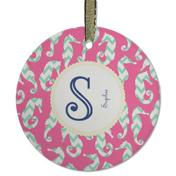 Sea Horses Flat Glass Ornament - Round w/ Name and Initial