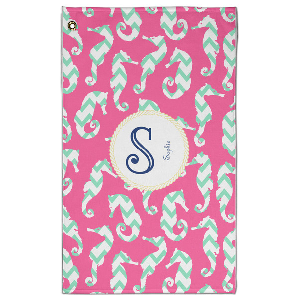 Custom Sea Horses Golf Towel - Poly-Cotton Blend w/ Name and Initial