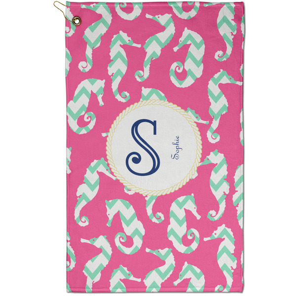 Custom Sea Horses Golf Towel - Poly-Cotton Blend - Small w/ Name and Initial