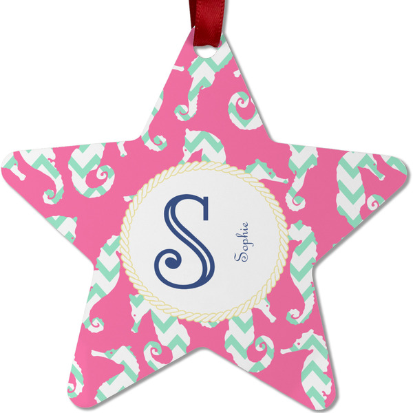Custom Sea Horses Metal Star Ornament - Double Sided w/ Name and Initial