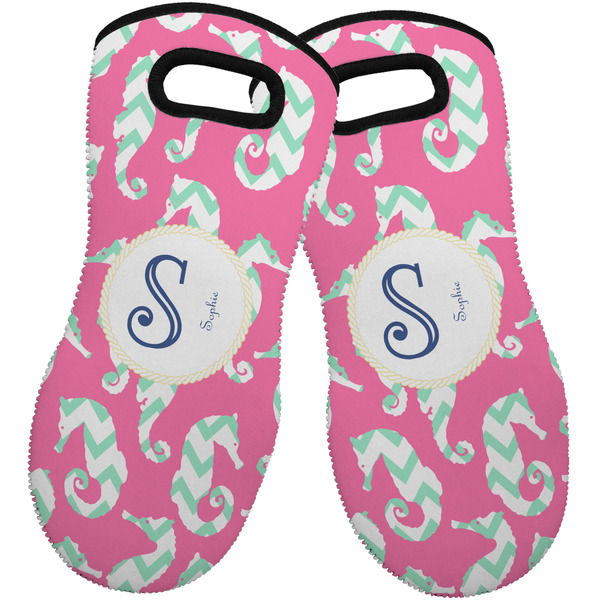 Custom Sea Horses Neoprene Oven Mitts - Set of 2 w/ Name and Initial
