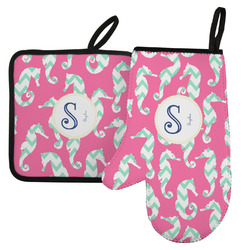 Sea Horses Left Oven Mitt & Pot Holder Set w/ Name and Initial