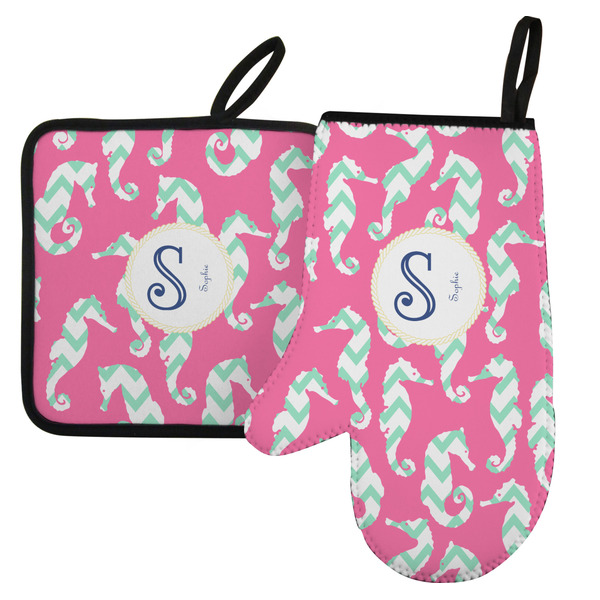 Custom Sea Horses Left Oven Mitt & Pot Holder Set w/ Name and Initial