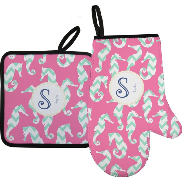 Custom Sea Horses Oven Mitt & Pot Holder Set w/ Name and Initial