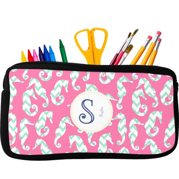 Custom Sea Horses Neoprene Pencil Case - Small w/ Name and Initial