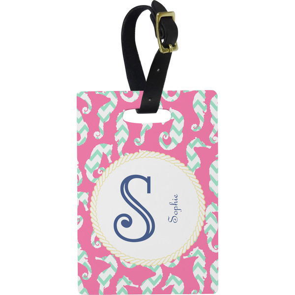 Custom Sea Horses Plastic Luggage Tag - Rectangular w/ Name and Initial