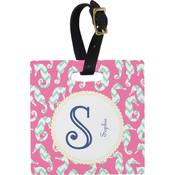 Custom Sea Horses Plastic Luggage Tag - Square w/ Name and Initial