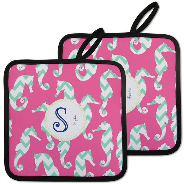 Custom Sea Horses Pot Holders - Set of 2 w/ Name and Initial