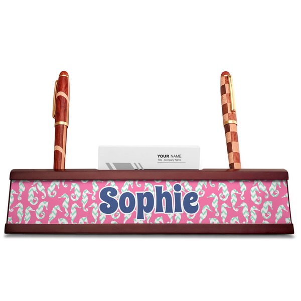 Sea Horses Red Mahogany Nameplates with Business Card Holder - Straight