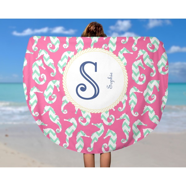 Sea Horses Round Beach Towel - In Use