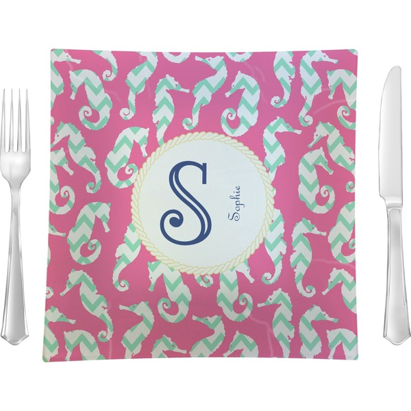 Custom Sea Horses 9.5" Glass Square Lunch / Dinner Plate- Single or Set of 4 (Personalized)
