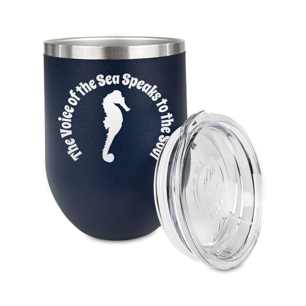 Sea Horses Stainless Wine Tumblers - Navy - Double Sided - Alt View