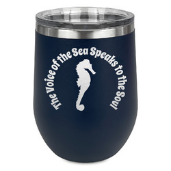 Sea Horses Stemless Stainless Steel Wine Tumbler - Navy - Double Sided (Personalized)