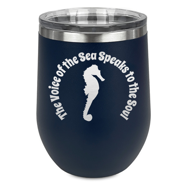 Custom Sea Horses Stemless Stainless Steel Wine Tumbler - Navy - Double Sided (Personalized)