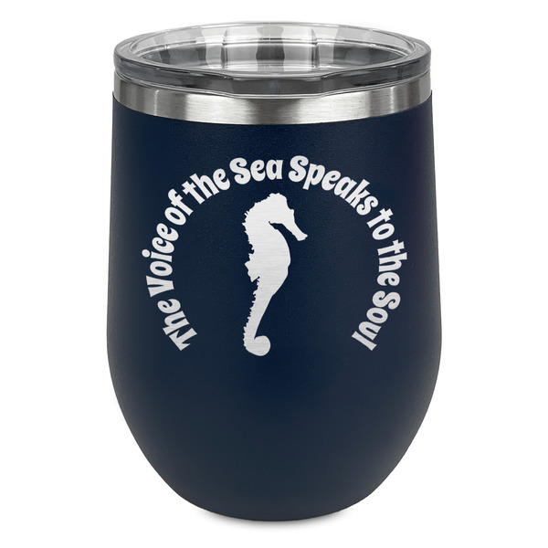 Sea Horses Stainless Wine Tumblers - Navy - Single Sided - Front