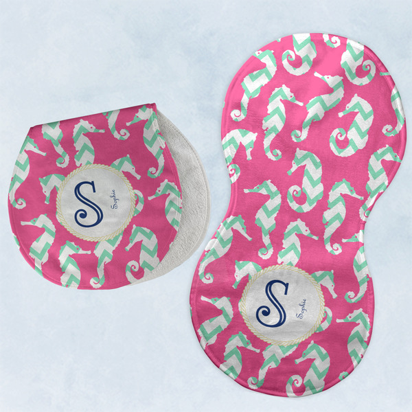 Custom Sea Horses Burp Pads - Velour - Set of 2 w/ Name and Initial