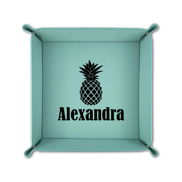 Pineapples 6" x 6" Teal Leatherette Snap Up Tray - FOLDED UP