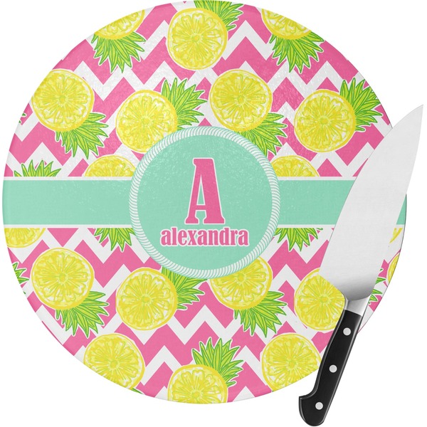 Custom Pineapples Round Glass Cutting Board - Small (Personalized)