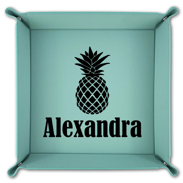 Pineapples 9" x 9" Teal Leatherette Snap Up Tray - FOLDED