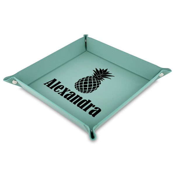 Custom Pineapples 9" x 9" Teal Faux Leather Valet Tray (Personalized)
