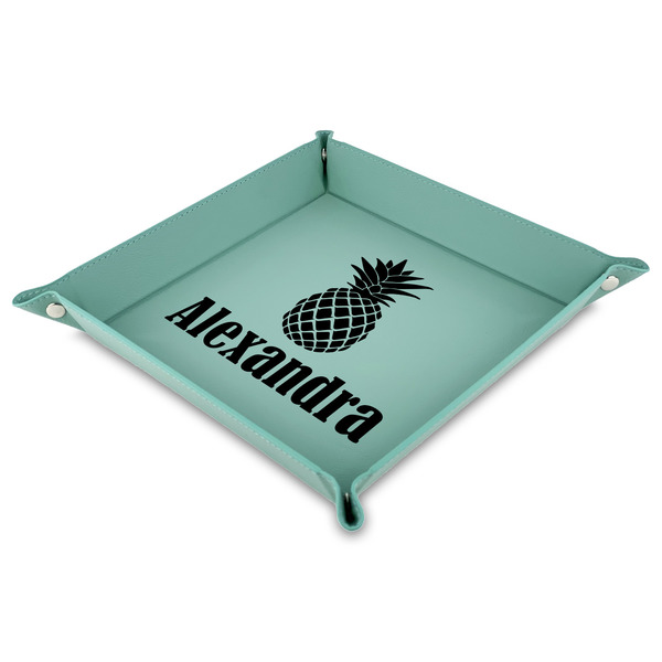 Custom Pineapples Faux Leather Dice Tray - 9" x 9"  - Teal (Personalized)