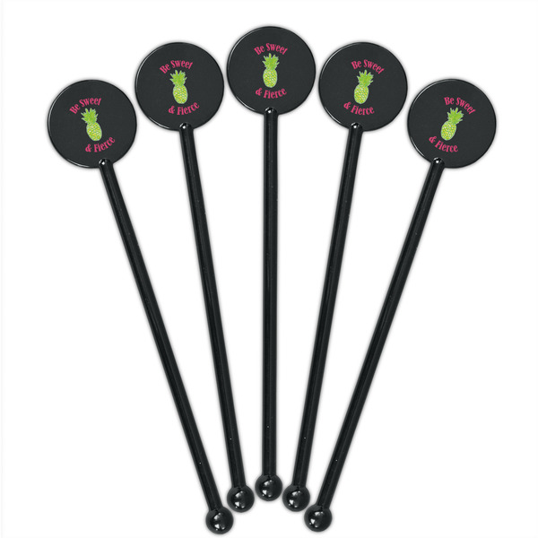 Pineapples Black Plastic 5.5" Stir Stick - Round - Fan View