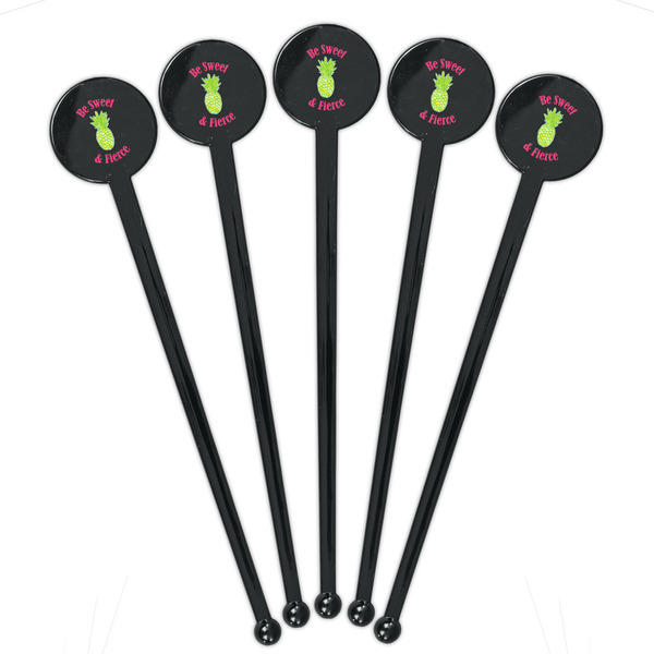 Pineapples Black Plastic 7" Stir Stick - Round - Fan View