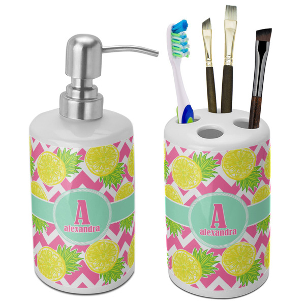 Custom Pineapples Ceramic Bathroom Accessories Set (Personalized)