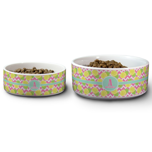 Pineapples Ceramic Dog Bowls - Size Comparison