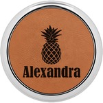 Pineapples Leatherette Round Coaster w/ Silver Edge - Single or Set (Personalized)