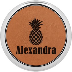 Pineapples Leatherette Round Coaster w/ Silver Edge - Single or Set (Personalized)