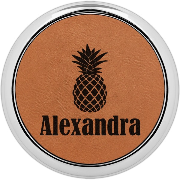 Custom Pineapples Leatherette Round Coaster w/ Silver Edge (Personalized)