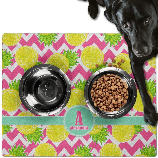 Custom Pineapples Dog Food Mat - Large w/ Name and Initial