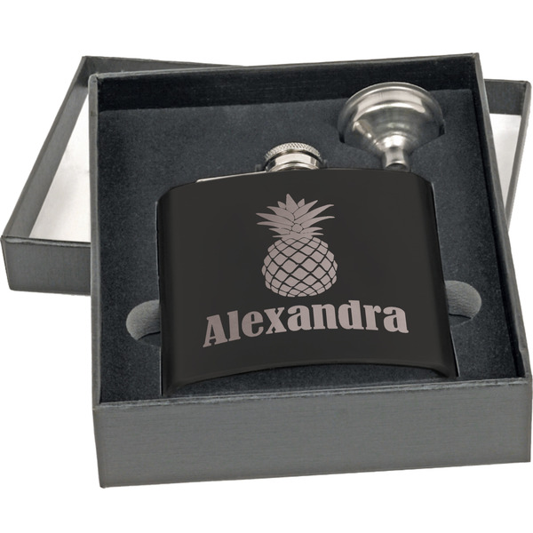 Pineapples Engraved Black Flask Gift Set