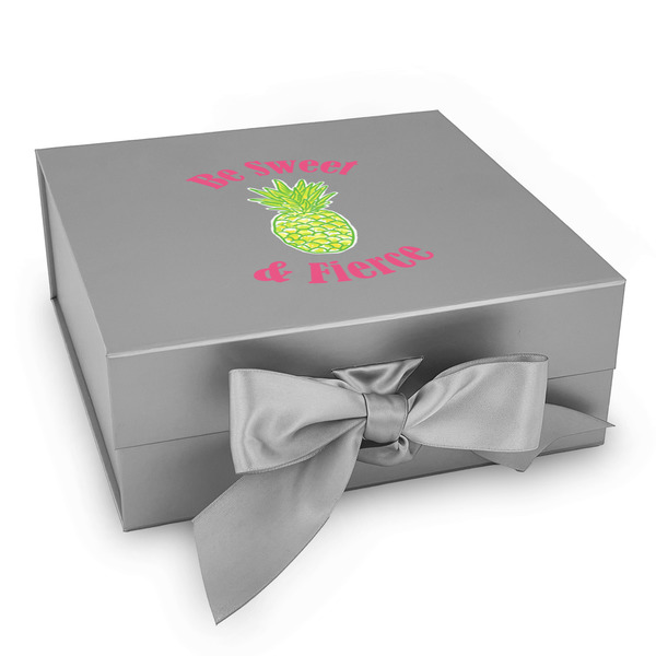 Custom Pineapples Gift Box with Magnetic Lid - Silver (Personalized)