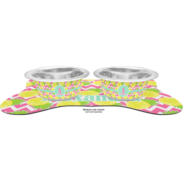 Pineapples Metal Pet Bowls - On Dog Bone Shaped Mat