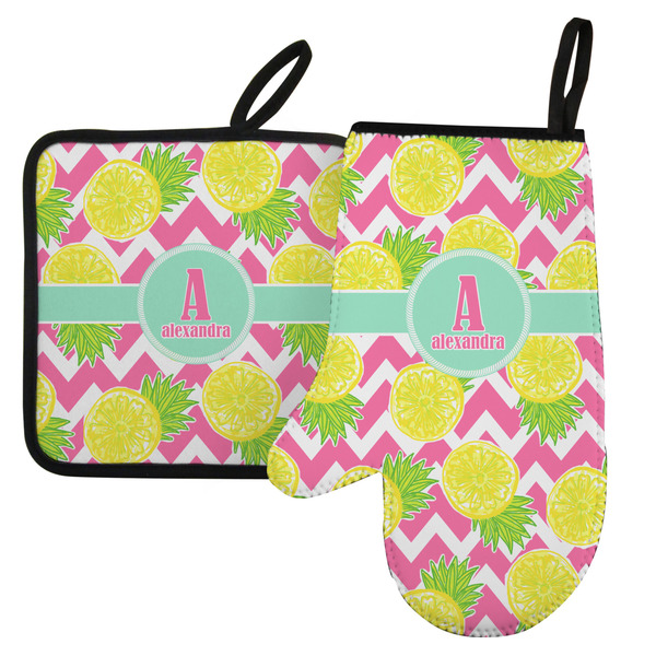 Custom Pineapples Left Oven Mitt & Pot Holder Set w/ Name and Initial